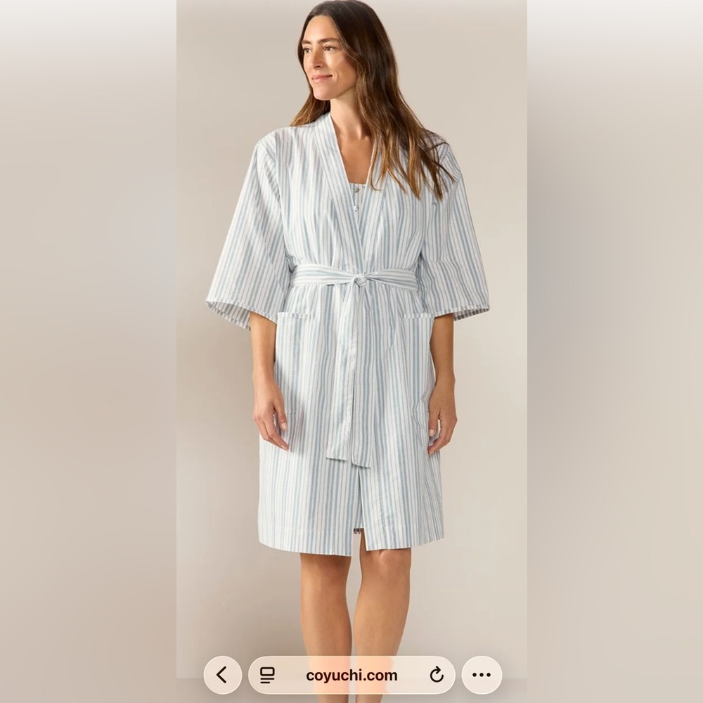 Coyuchi Blue and White Striped Cotton Robe